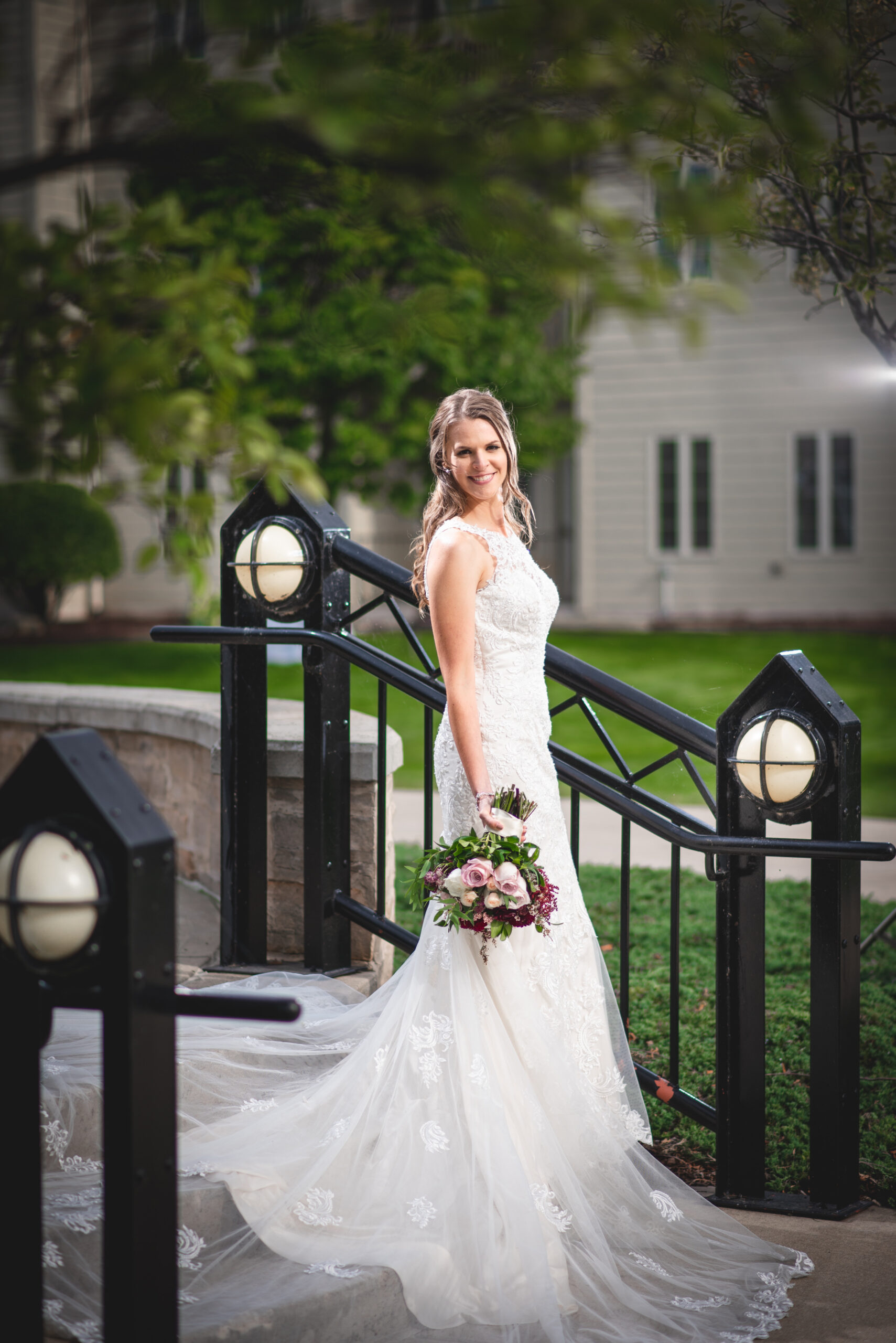 Bride in Door county wisconsin coming down stairs